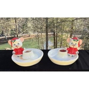2 Matching RB Ceramic Candleholders Christmas Mouse- Made In Japan -N3